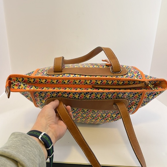 Fossil Colorful Geometric Print Tote Bag Purse Handbag w/ Brown Leather Trim - Picture 8 of 16